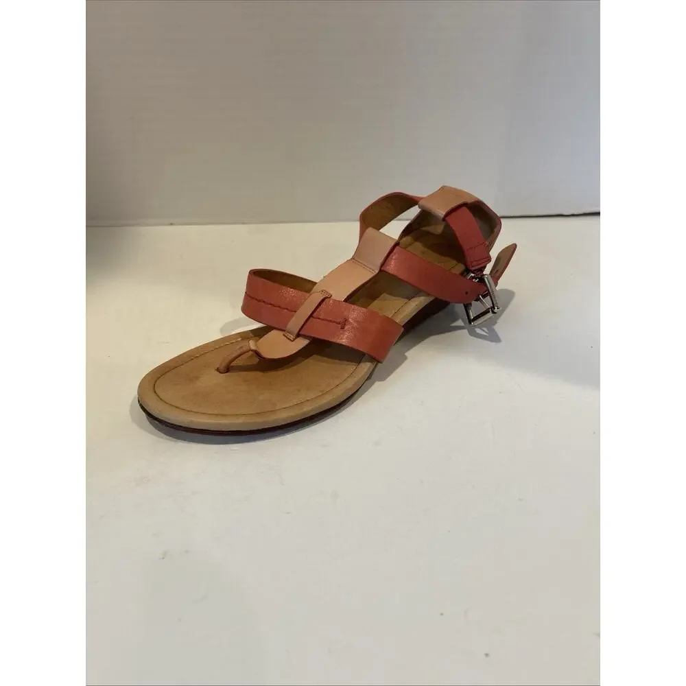 READ Coach Velevet Leather Thong Strappy Wedge Sandals Size 7 Orange/coral